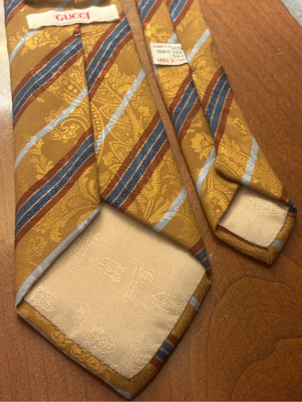 Vintage Gucci Silk Tie Mustard Hold Blue Red Stripes Made in Italy